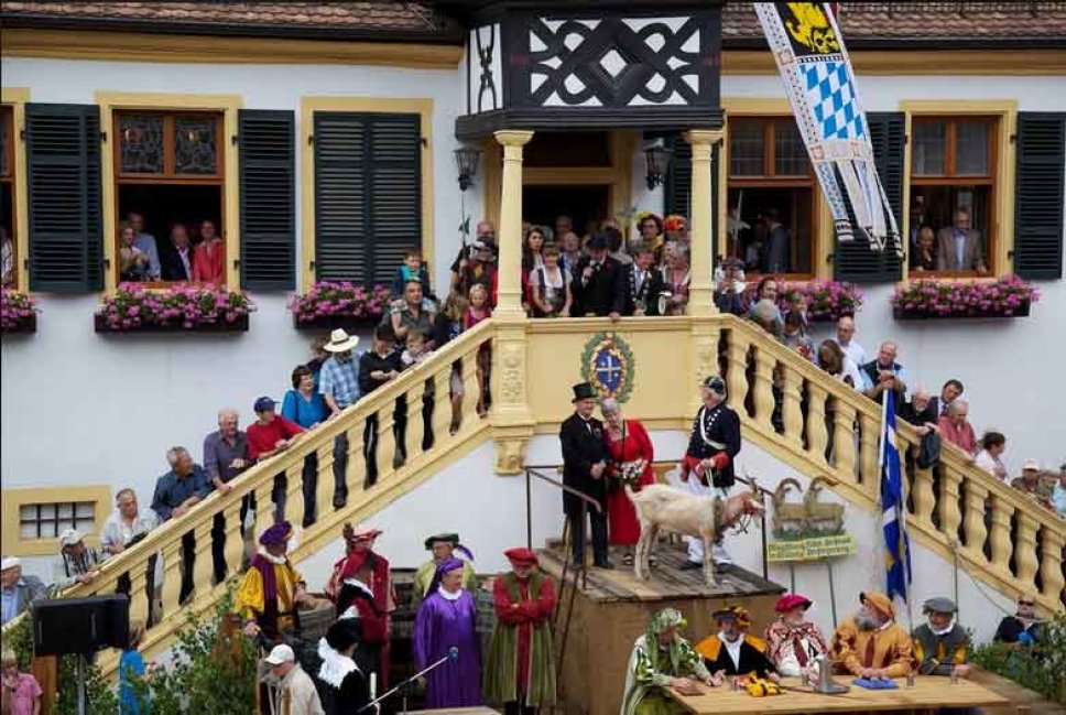 historisch gekleidete Menschen vor dem Rathaus Deidesheim